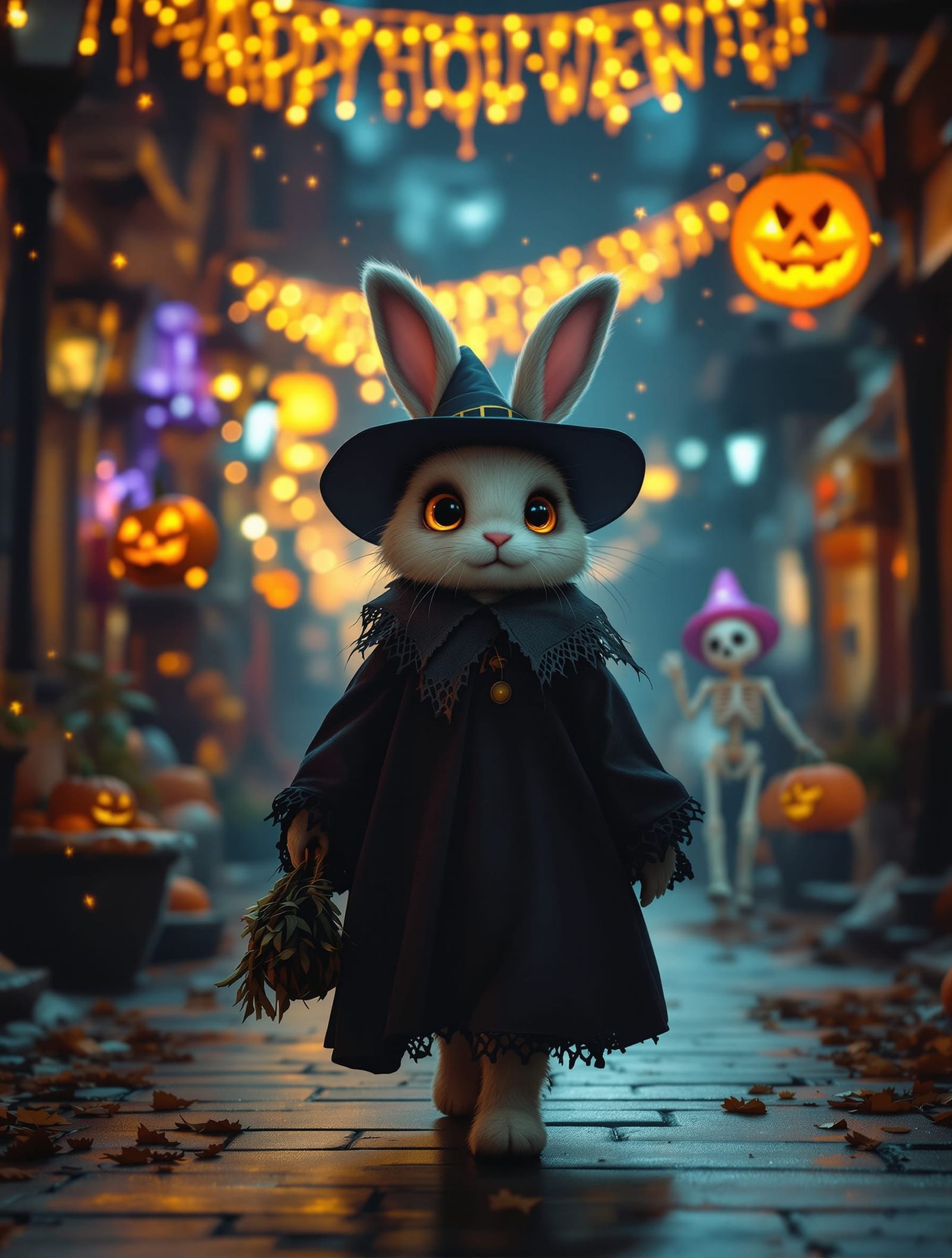 Cute Witchy Rabbit Person on Spooky Halloween Street