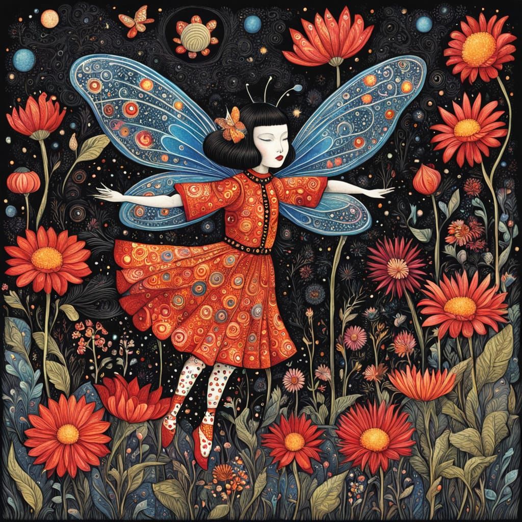Whimsical Bee Fairy in a Field of Giant Flowers