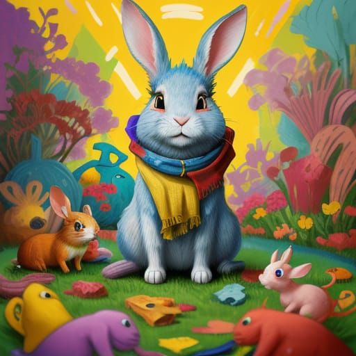 Fauvist Dreamer: A Rabbit's Whimsical Descent