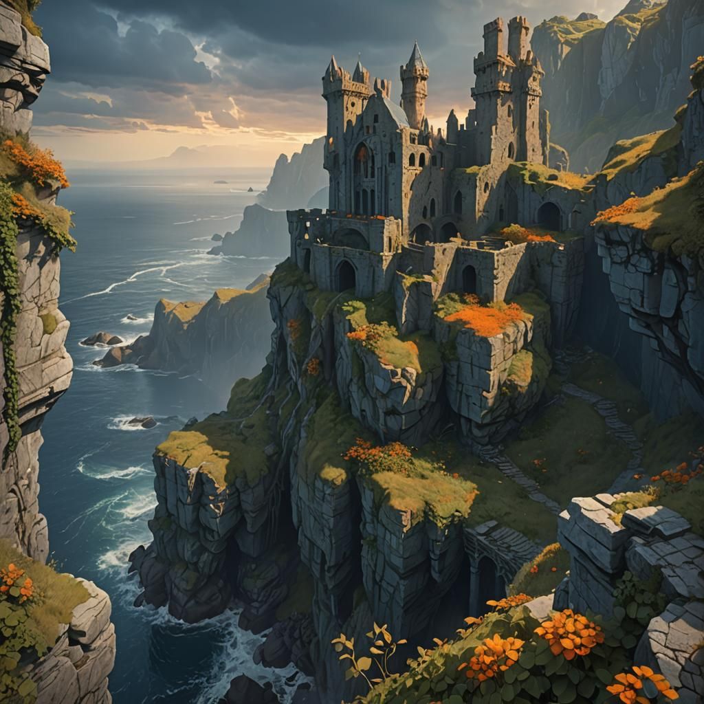Castle Ruins Overlooking Sea, Art Nouveau Style