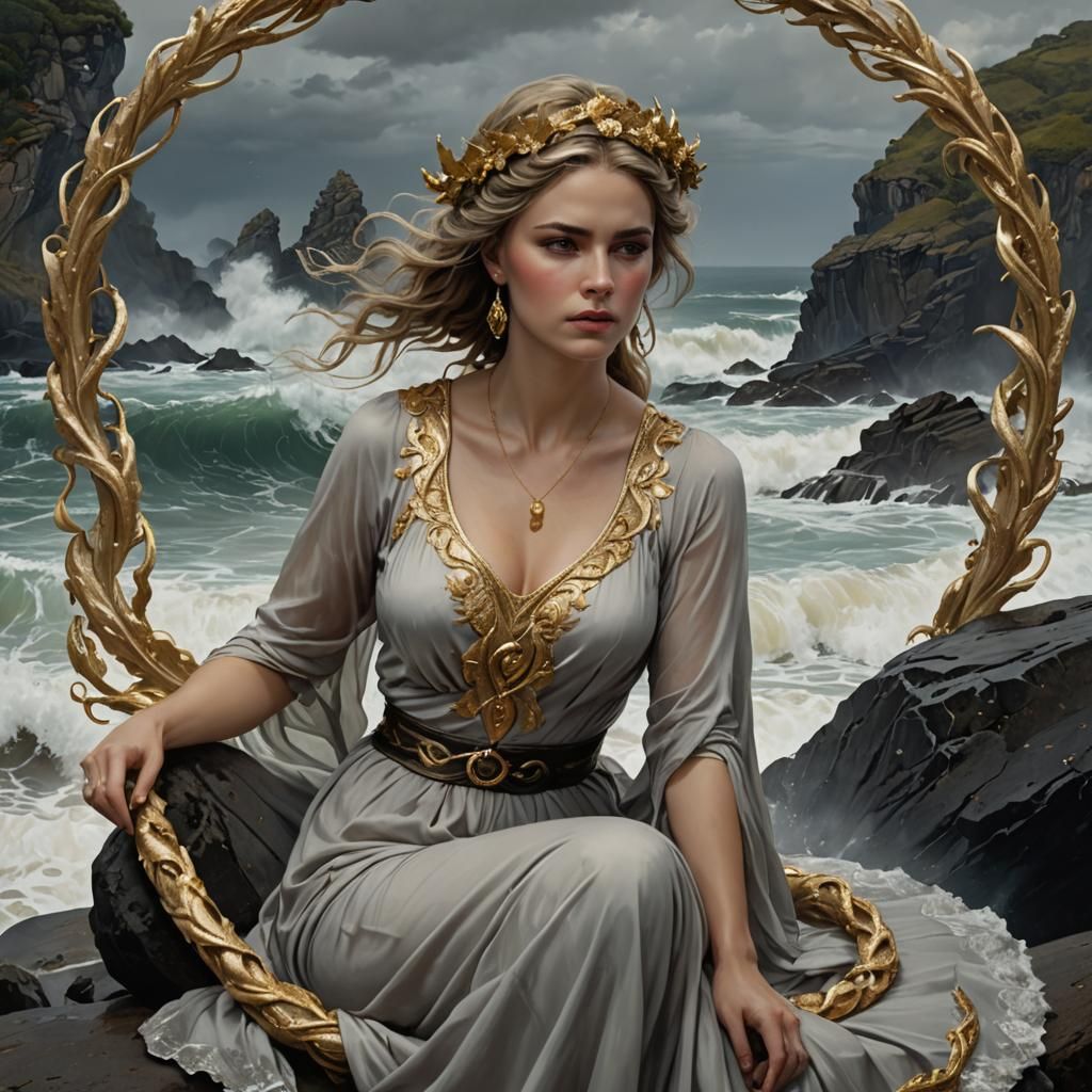 Woman with Golden Wreath on Rocky Shore
