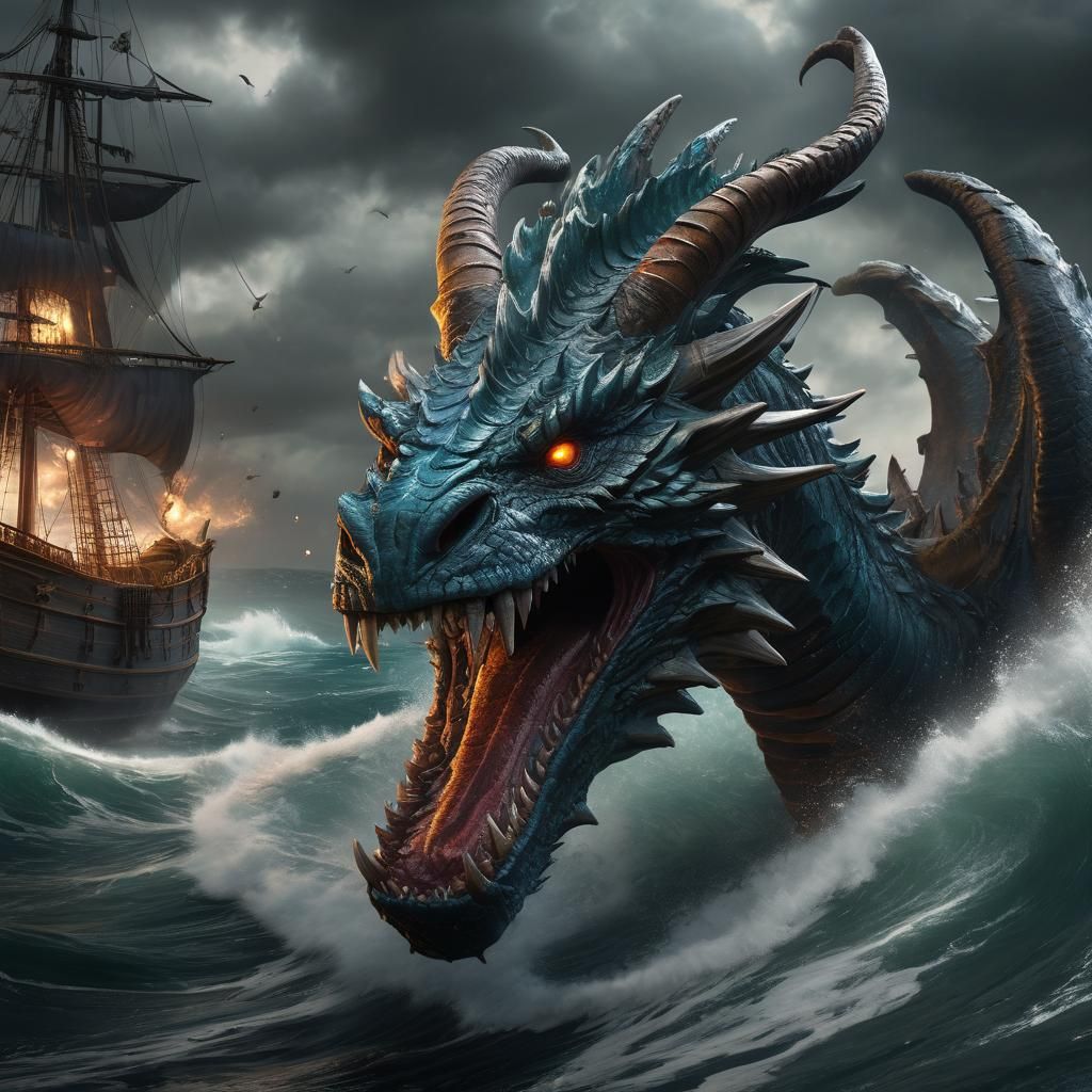 Mythical Dragon Serpent Attacks Ship on Stormy Seas