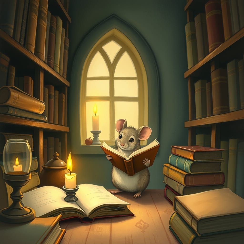 Mouse in Library, Whimsical Illustration