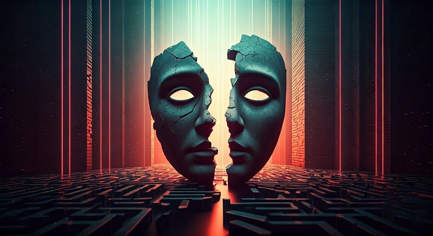 Fractured Mask Unveils Labyrinthine City in Surreal, Hologra...