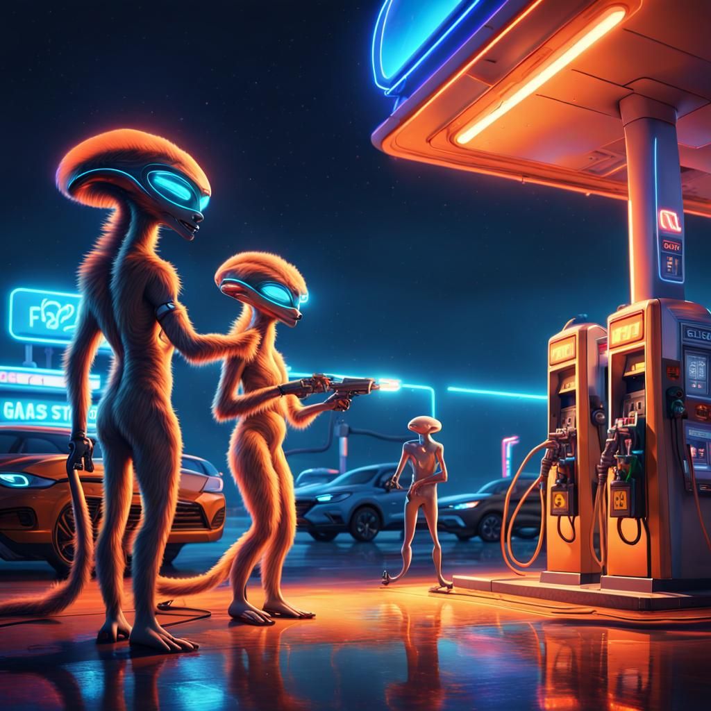Furry Aliens Refueling at Futuristic Gas Station