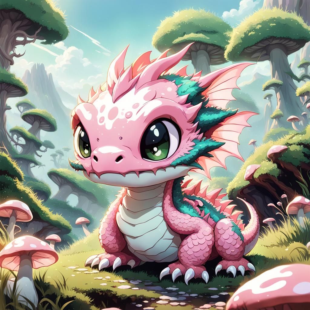 Cute Chibi Pink Dragon in Fairycore Landscape