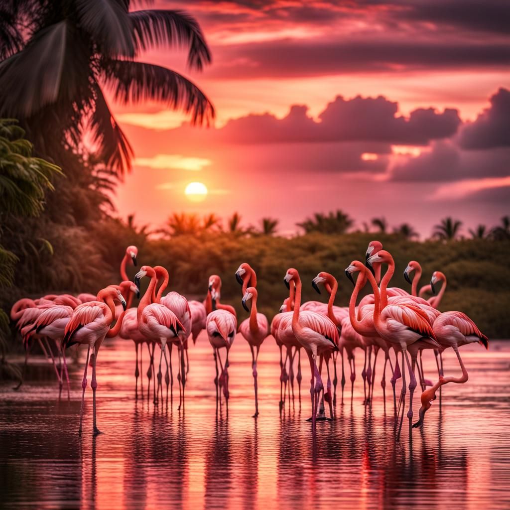 Pink Flamingos Against a Tropical Sunset