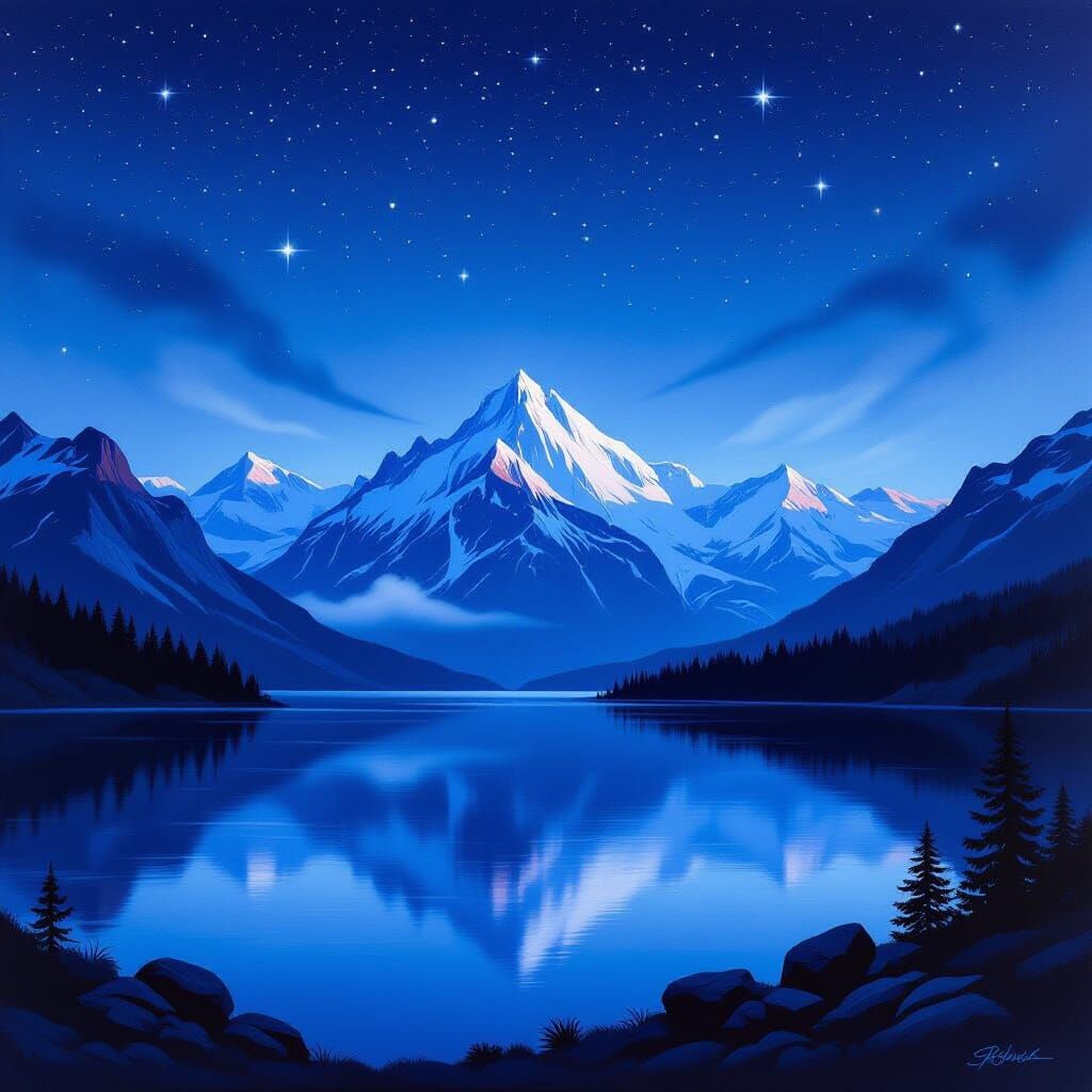 Majestic Snow-Capped Mountains Reflecting Stars in Twilight