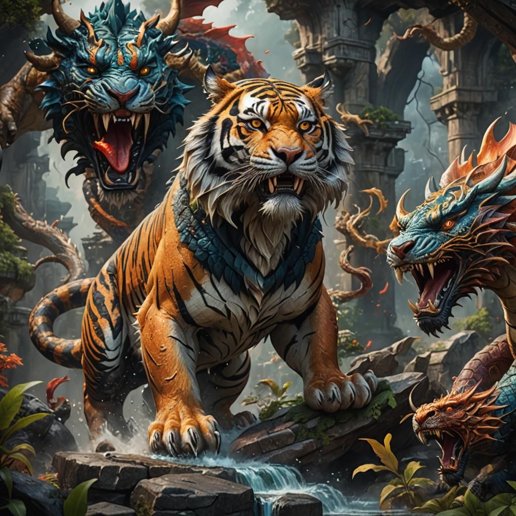 Fantastical Dragon-Tiger Hybrid in Detailed Digital Art