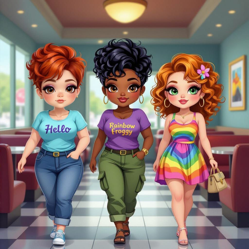 Chibi Women Enter Movie Theater, Abstract Art