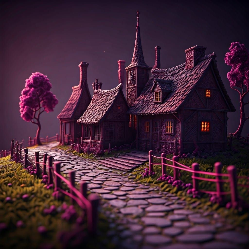 String Village in Purple Lighting: Hyperrealistic Digital Ar...