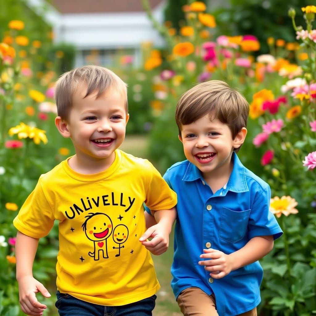Brothers Play in Vibrant Garden with Blooming Flowers