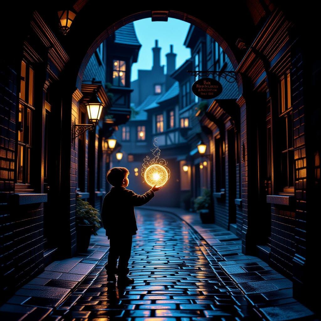 Boy with Glowing Orb in Mysterious Alleyway