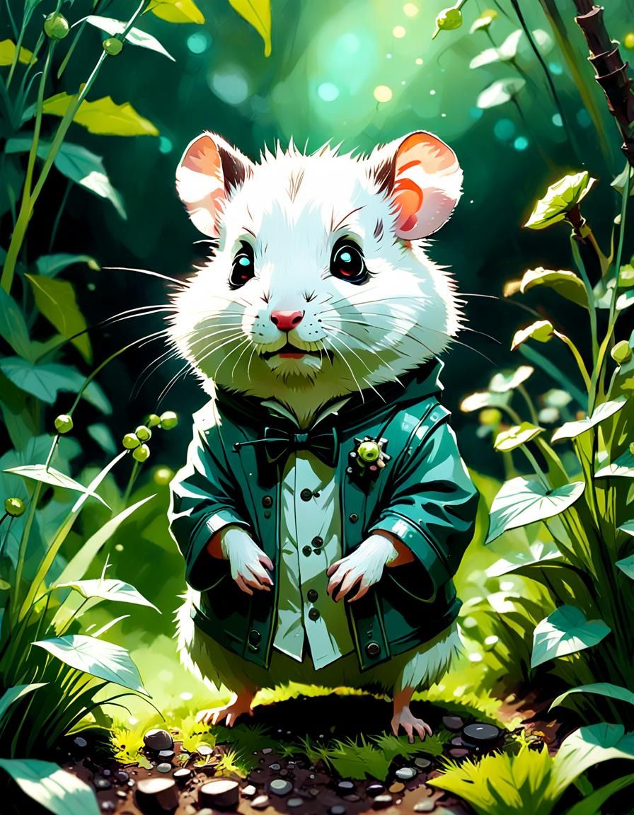 Adorable Hamster-Stein in Garden, Digital Painting