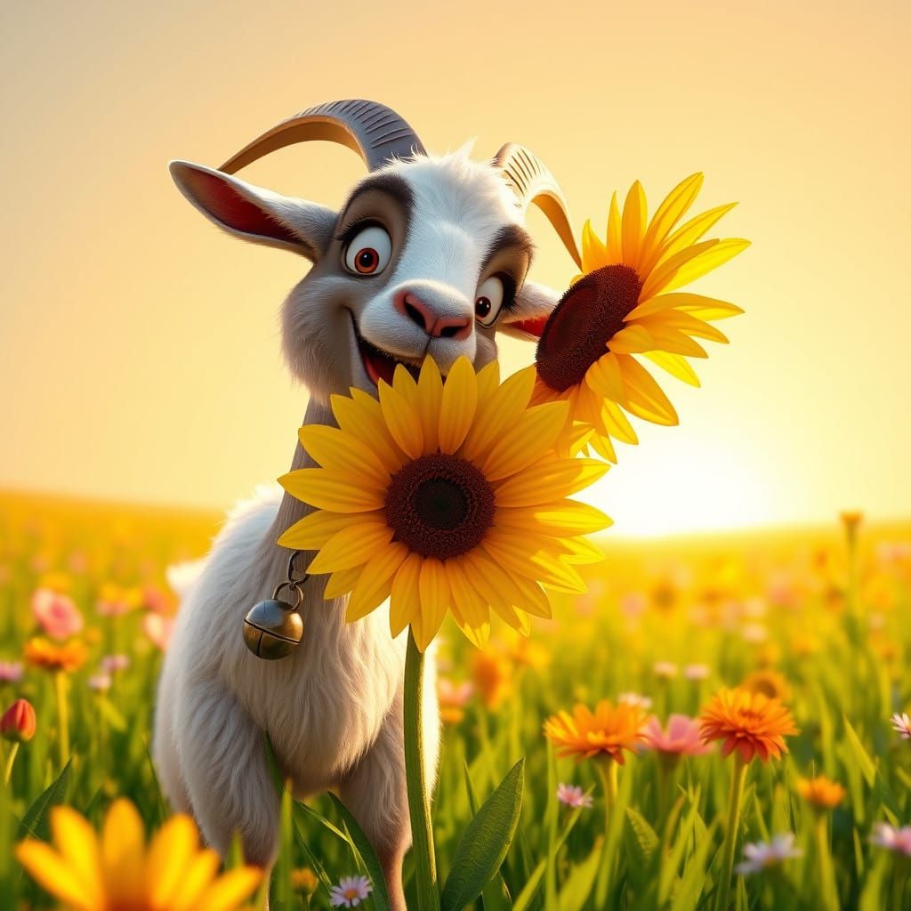 Goat Plays with Sunflower in Summer Meadow