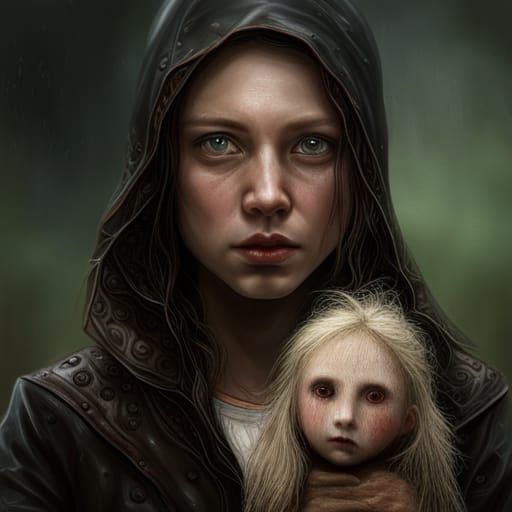Red-Eyed Fly Observing Girl with Doll