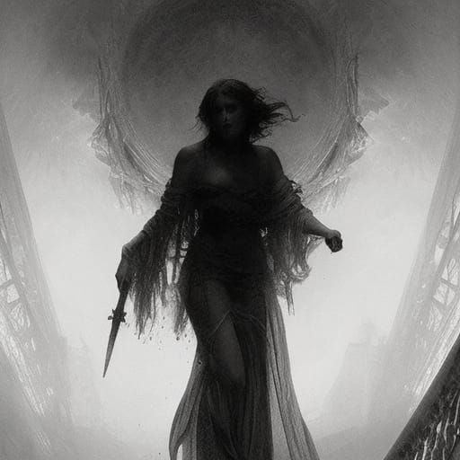 Haunting Engraving of Loss in Horror Style