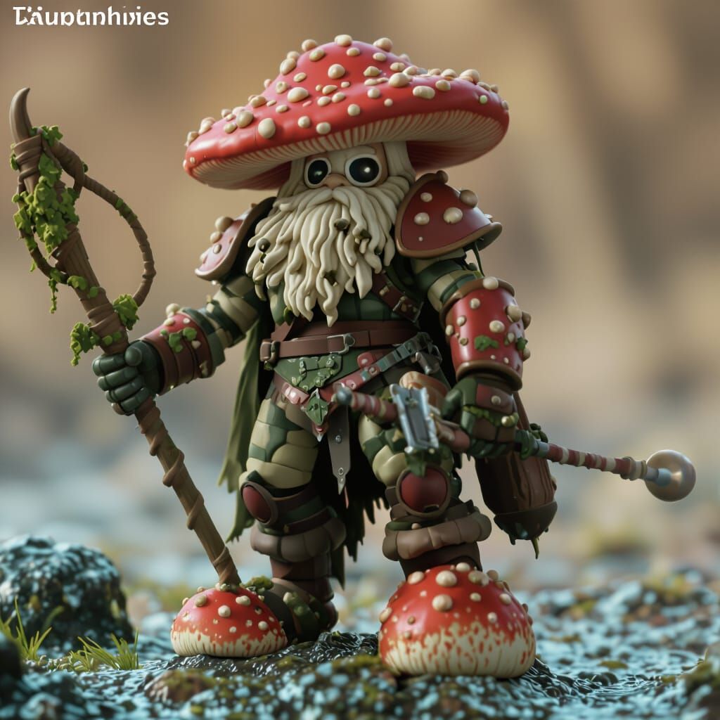 Mushroom Warrior with Moss Spear in Photorealistic Style