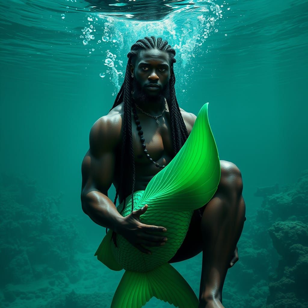 Black Poseidon in Atlantis with Green Fish Tail
