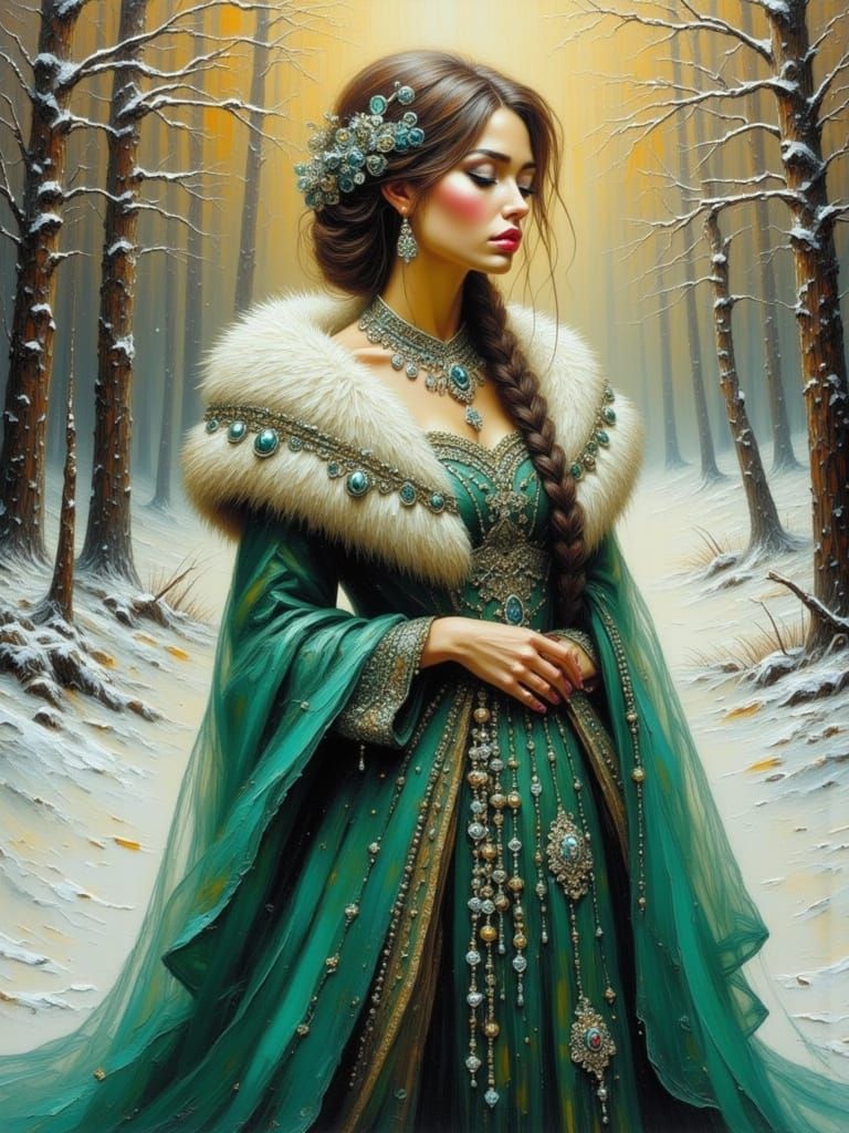 Siberian Woman in Snowy Forest, Impasto Style