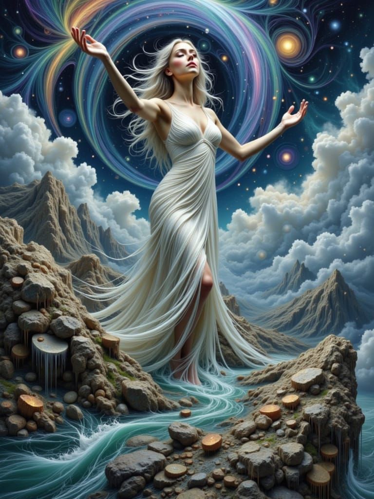 Water Goddess with Rainbow Raindrops in Hyperrealistic Style