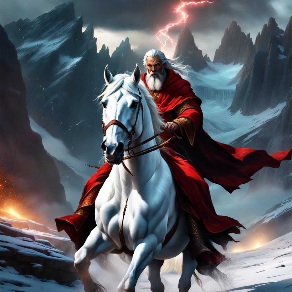 Epic Druid on White Horse in Icy Landscape