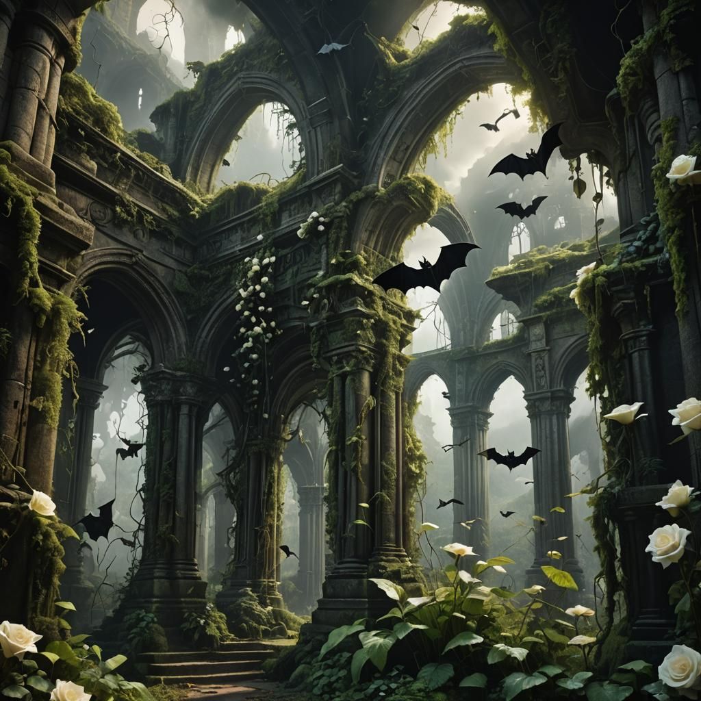 Atmospheric Tomb with Roses, Bats, and Light