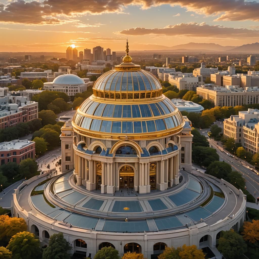 Majestic Circular Building with Monorail, Neofuturistic Arch...