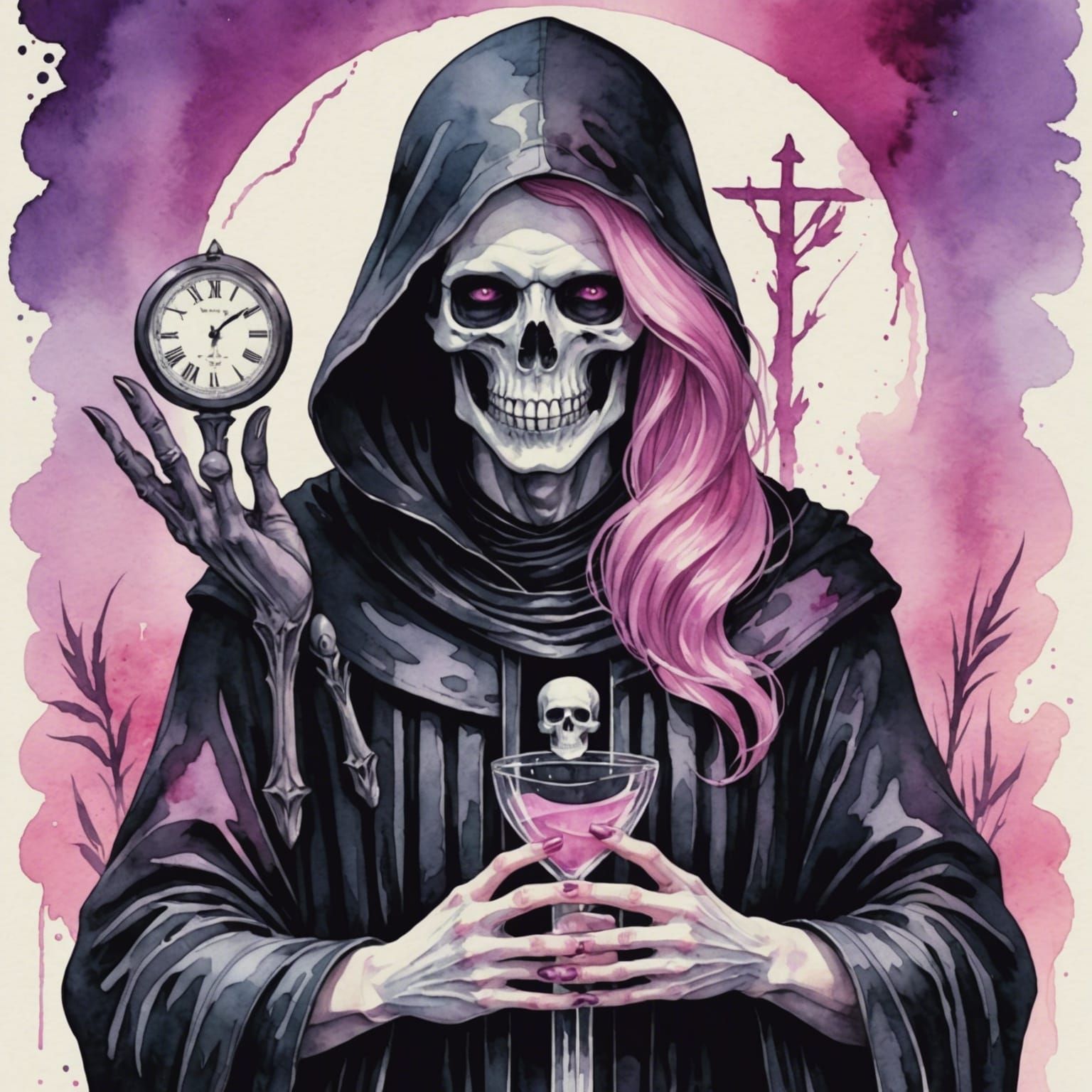 Watercolor Grim Reaper Touches Woman's Hand