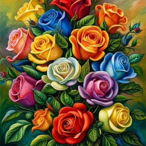 Rainbow Roses Bouquet in Josephine Wall Style