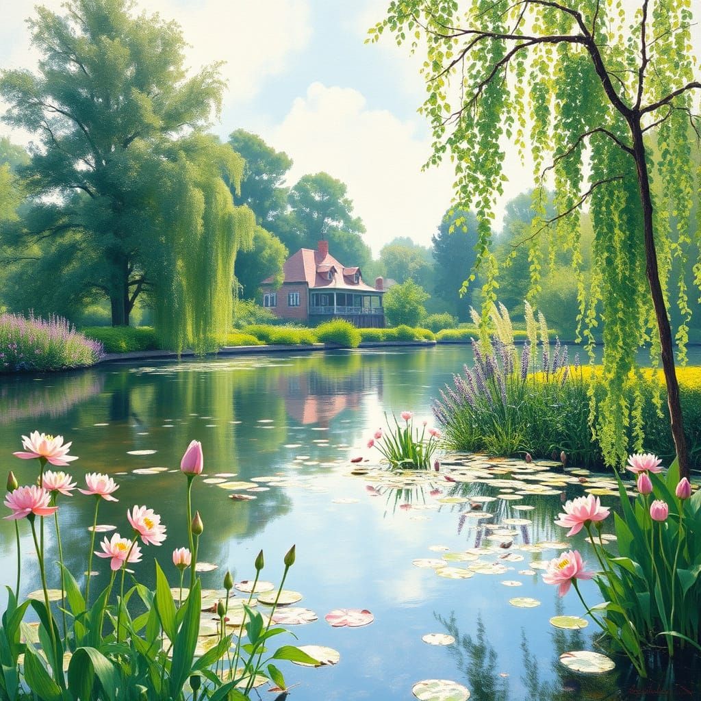 Impressionist Garden with Water Lilies in Pastel Sunlight