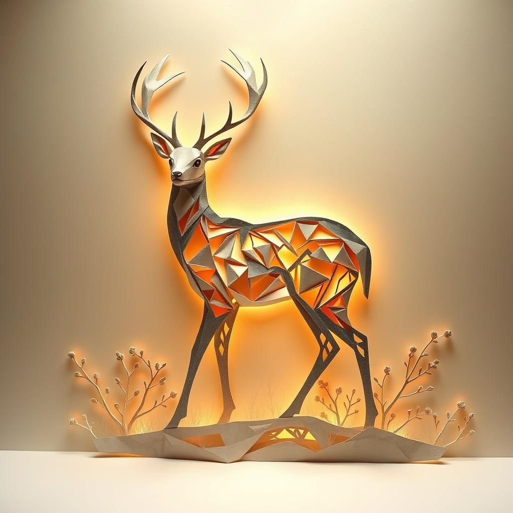 Majestic Roe Deer: Papercraft Collage in Hokusai Style