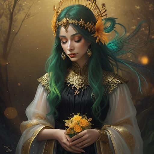 Golden Woman with Peacock Hair in Ethereal Portrait