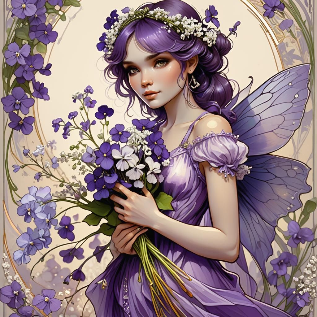 Amethyst Fairy with Violets: Hand-Drawn Illustration