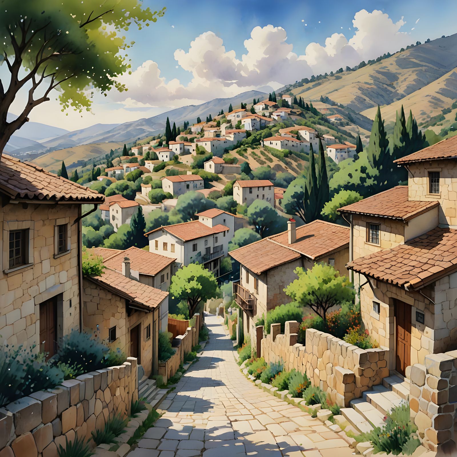 Kakopetria Village Watercolor Painting in Anime Style