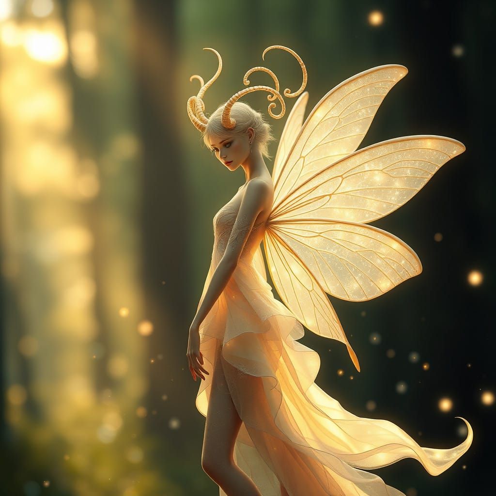 Ethereal Fairy in Glowing Forest with Iridescent Horns and D...