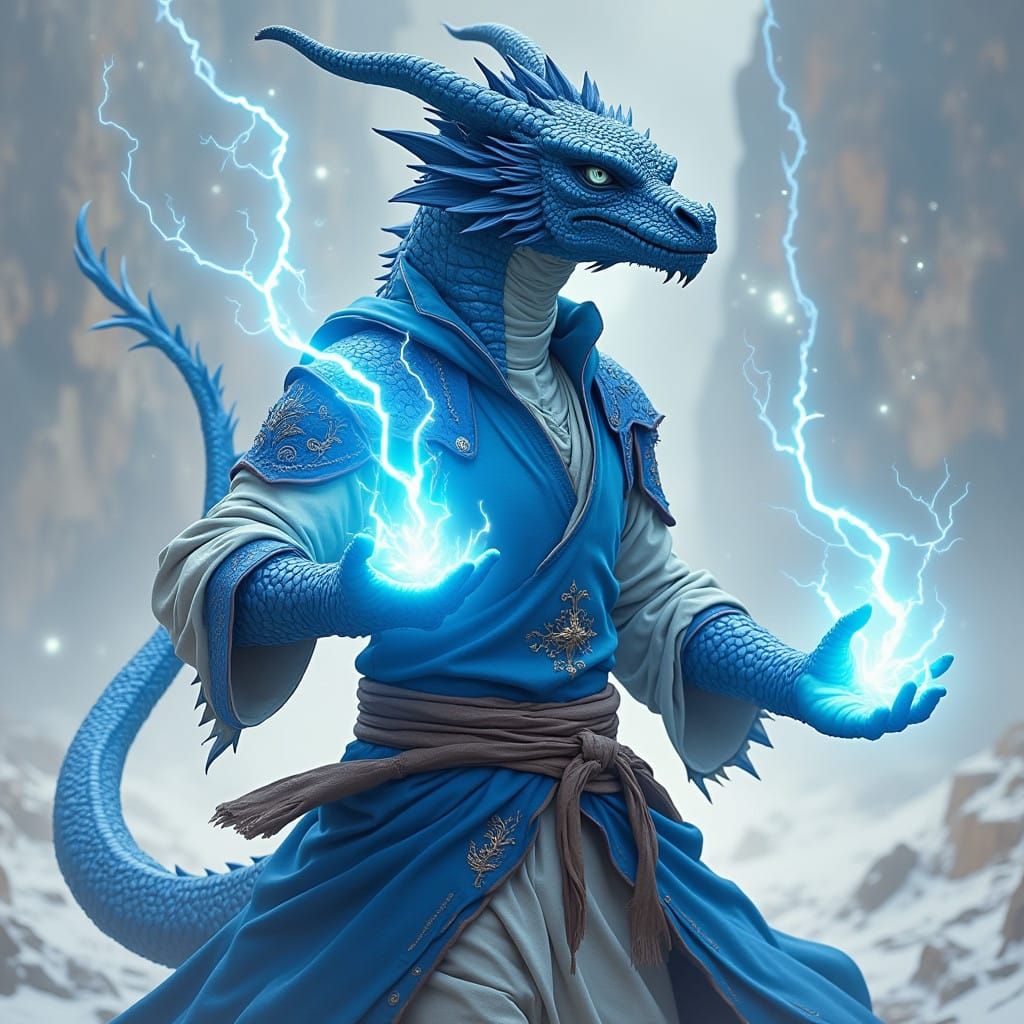 Epic Blue Dragonborn Monk Unleashes Lightning Fury