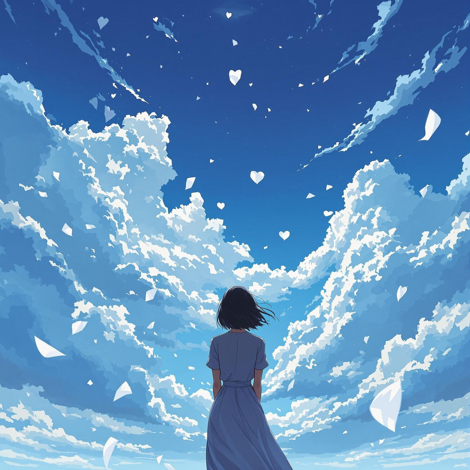 Anime Woman Surrounded by Paper Hearts