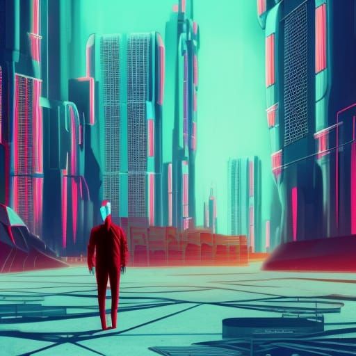 Dystopian Futuristic Cityscape in Synthwave Neon Retro Style