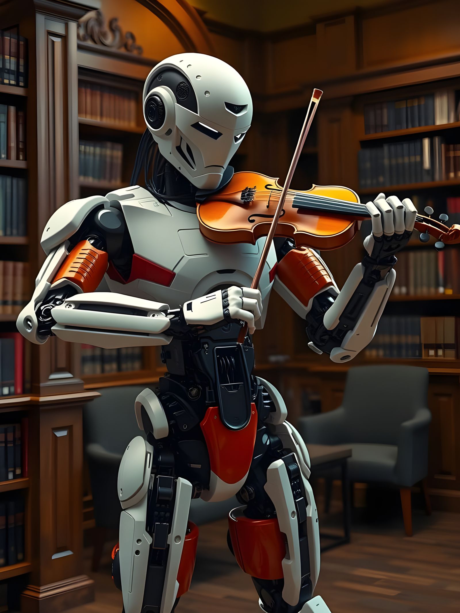 Cybernetic Virtuoso in Elegant Wood Panelled Library