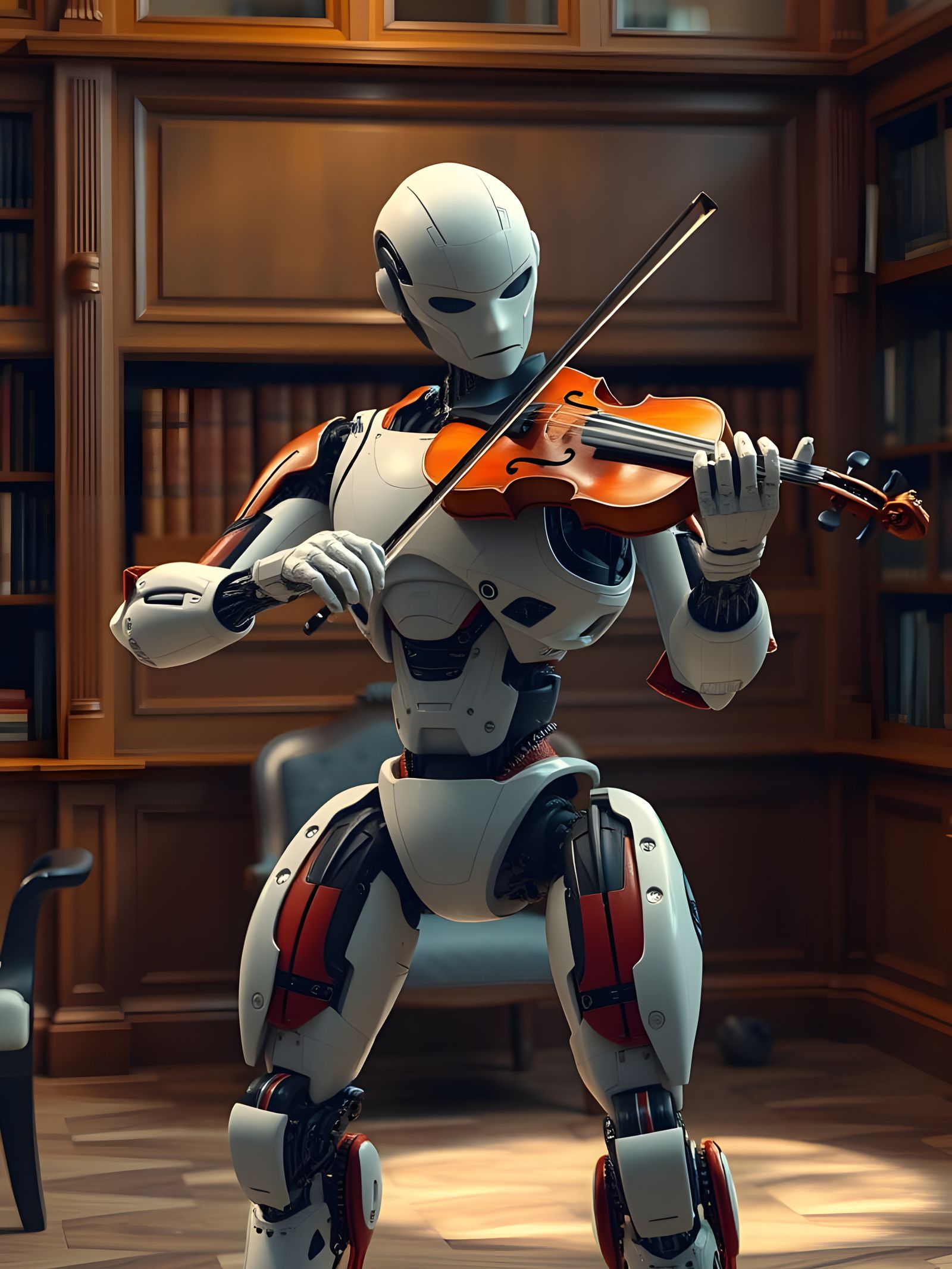 Surreal Robot Maestro Performs in Elegant Wood-Panelled Libr...