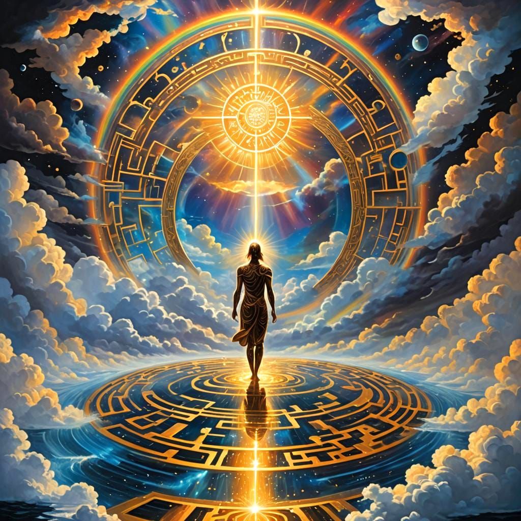 Radiant Figure Lounging in Sky Spell Maze