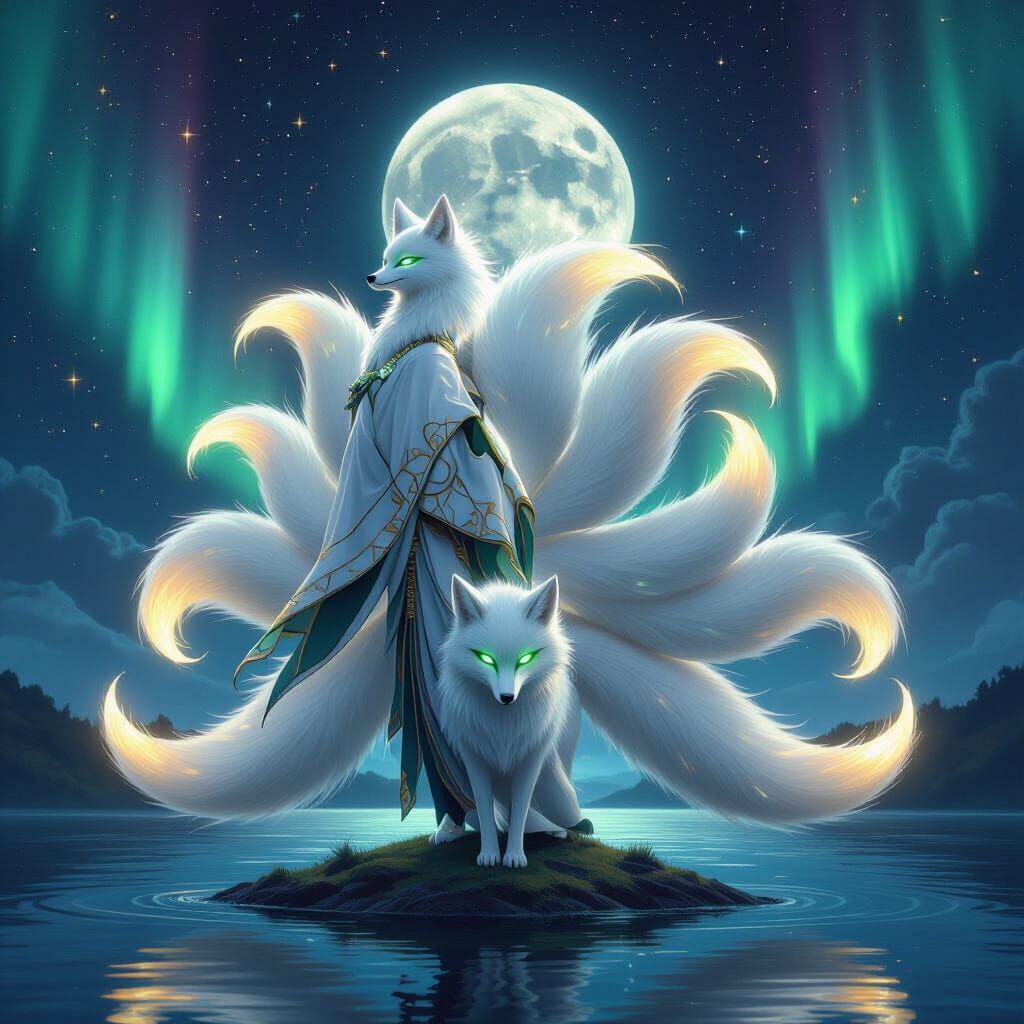 Kitsune Fox Spirit in Surreal Aurora Landscape