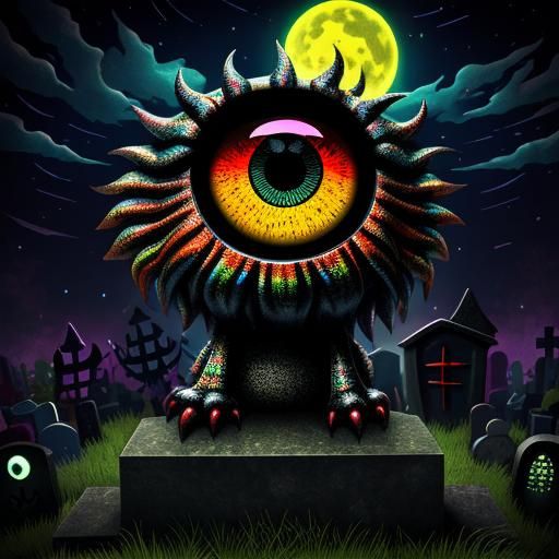 Psychedelic Chibi Monster in Graveyard, 3D Render