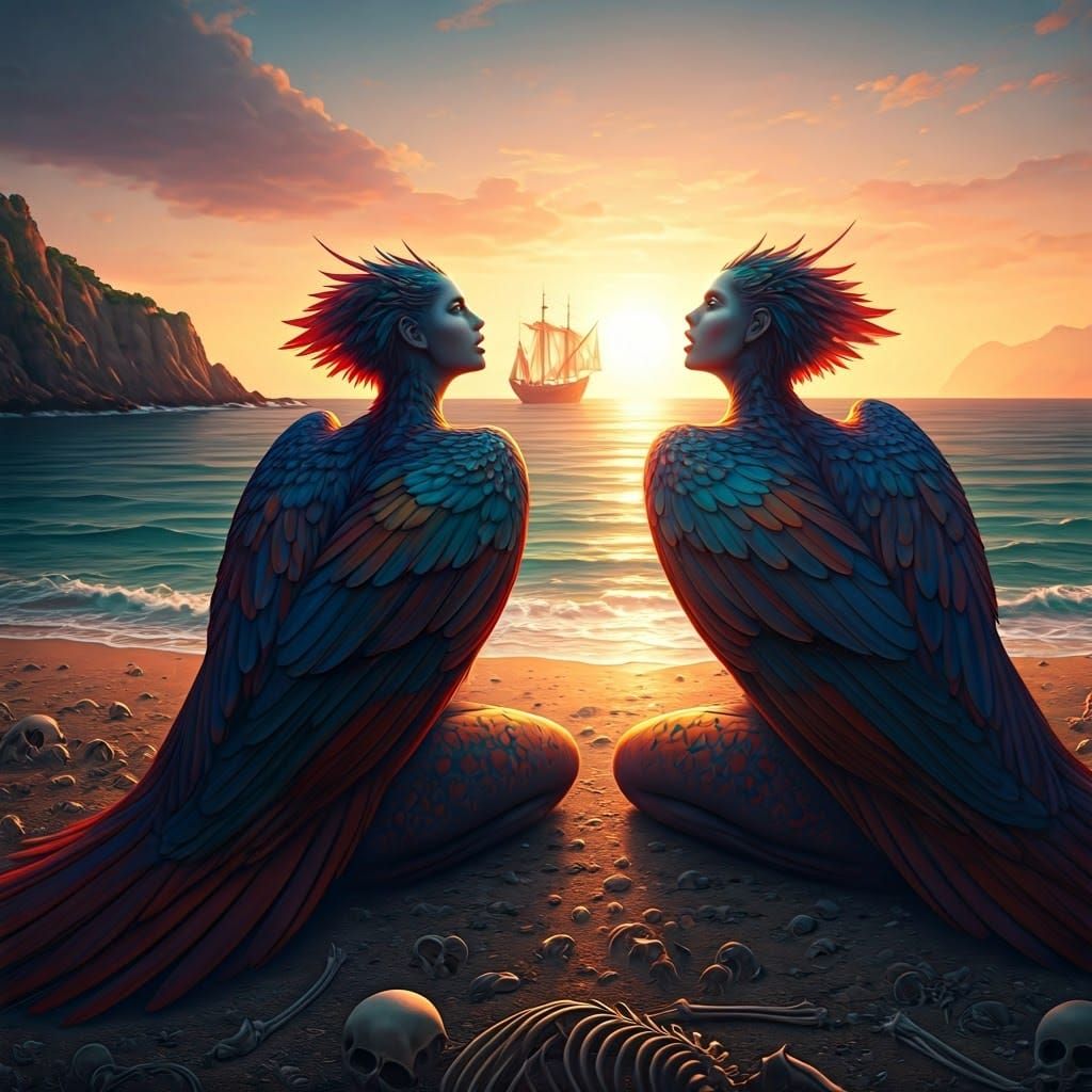 Greek Sirens at Sunset on a Mediterranean Isle