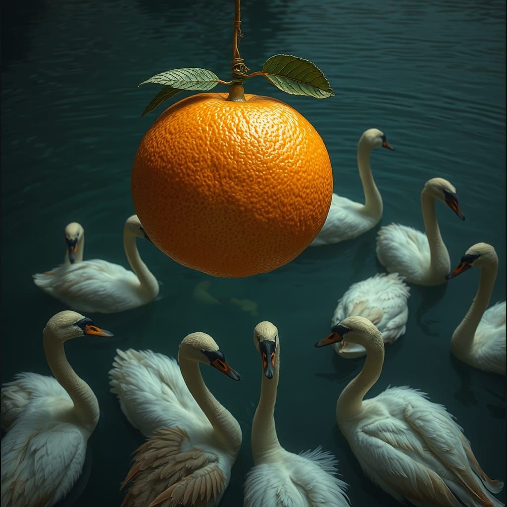 Surreal Grapefruit Scene with Swans in Dark Fantasy Style