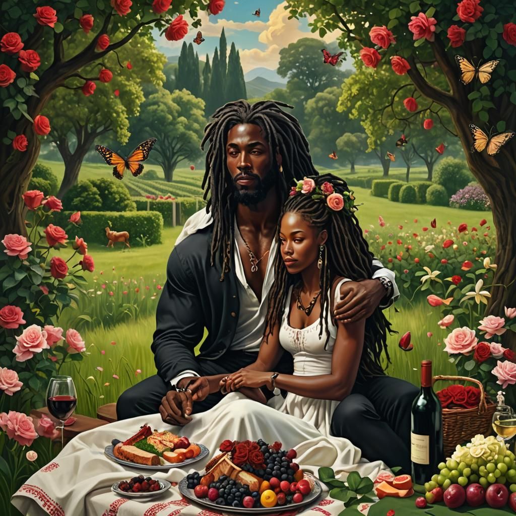 Romantic Picnic of Elegant Couple in Lush Field