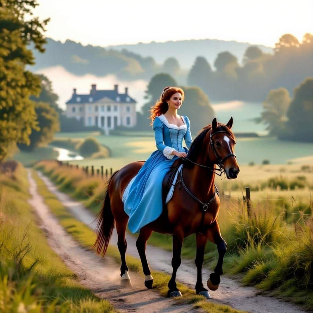 Regency Rider on Misty Morning Countryside Path