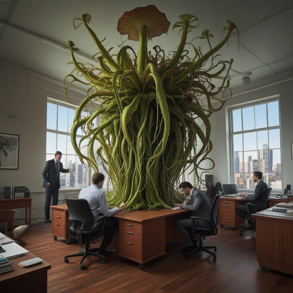 Towering Triffid Menace in Surreal Office Landscape