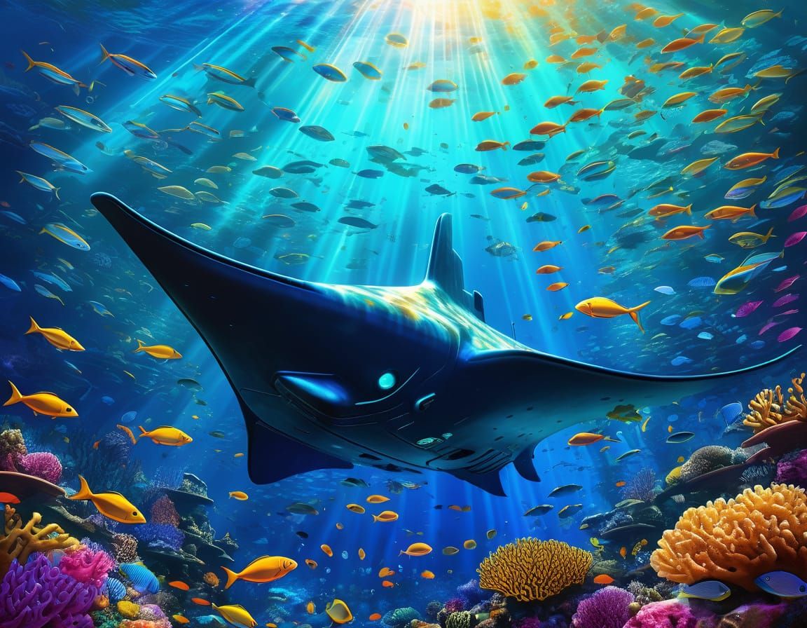 Manta Ray Submarine in Coral Reef: Digital Art